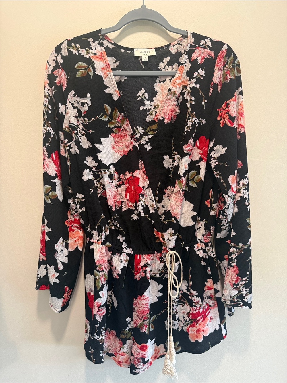Umgee Black Floral Romper with Pink & Red Blooms